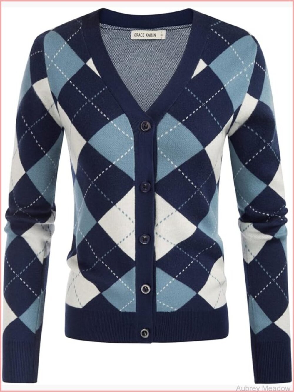 Long Sleeve V-Neck Button Down Argyle Cardigan Sweater Slim Fit Preppy